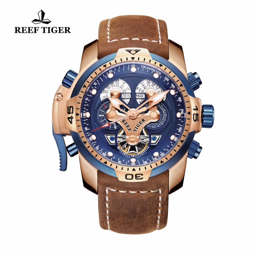 Reef Tiger/RT-reloj deportivo para hombre, de la mejor marca, con calendario, esfera azul, correa de cuero marrón, RGA3503