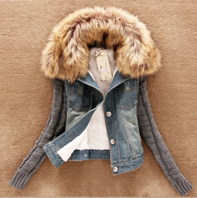 Herbst winter jacke frauen armee blau Denim pelz kragen mantel abnehmbare warme faux pelz liner parkas jeans frauen jacke 4XL