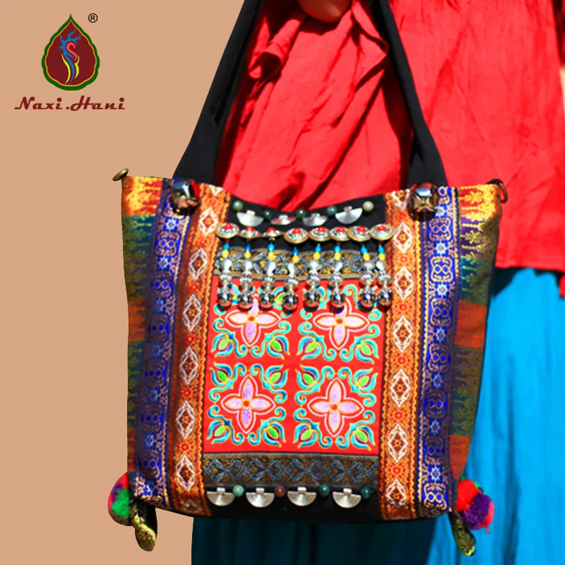 Newest Ethnic embroidery canvas women bags handmade beaded rivet Vintage shoulder messenger bags