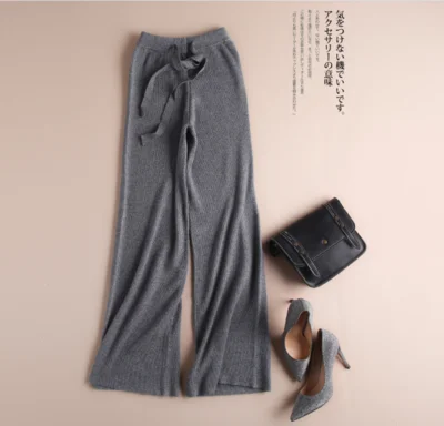 Women Pants 2020 New Winter Soft Waxy Comfortable High-Waist Cashmere Knitted Trousers Female Solid Color Casual Wide Leg Pants