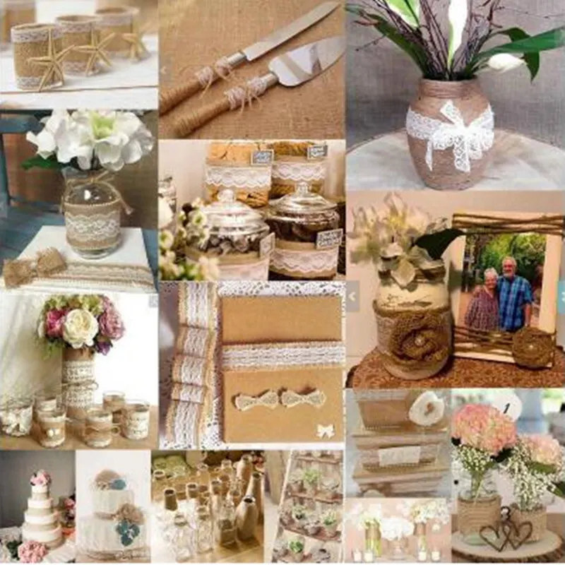 Natural Jute 2m Burlap Hessian Ribbon with Lace Detail,  5cm Widths Party Wedding Decoration Lace Trim  AA8002