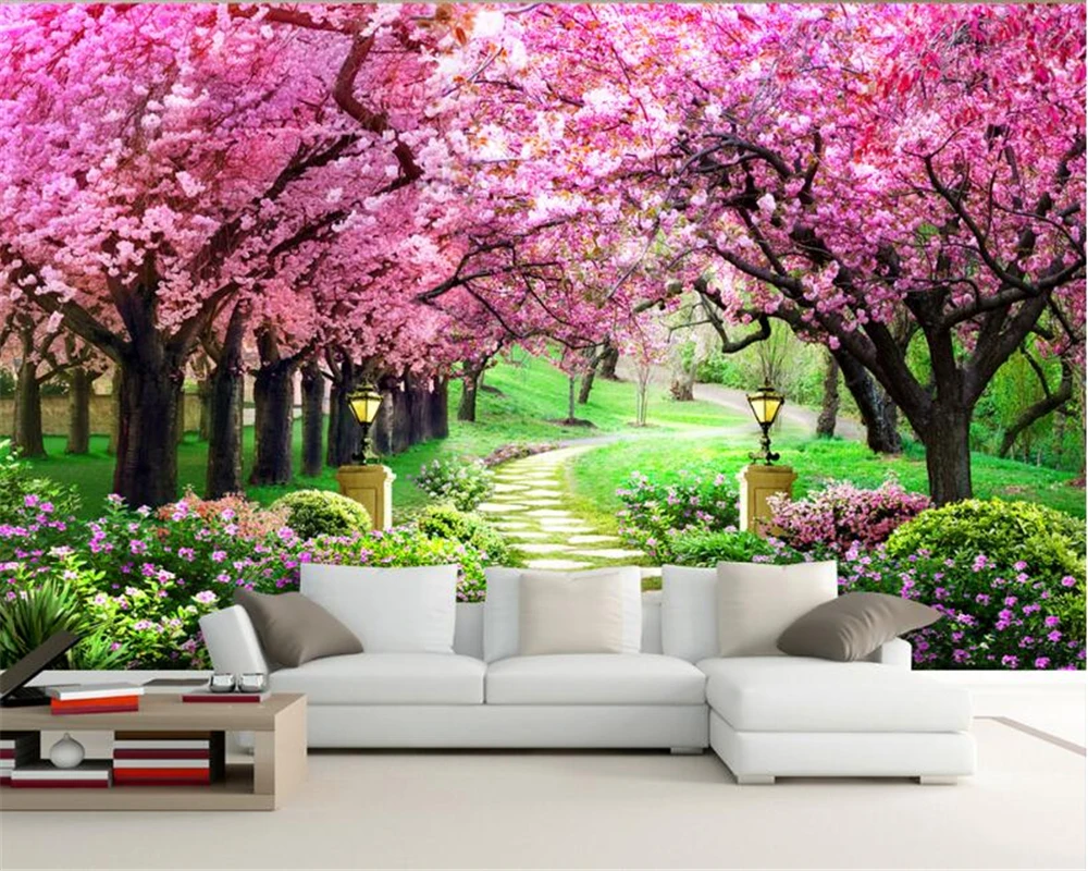 

Sakura Grove Wooden Garden Path Landscape Painting Living Room Bedroom TV Background Wall 3D Wallpaper