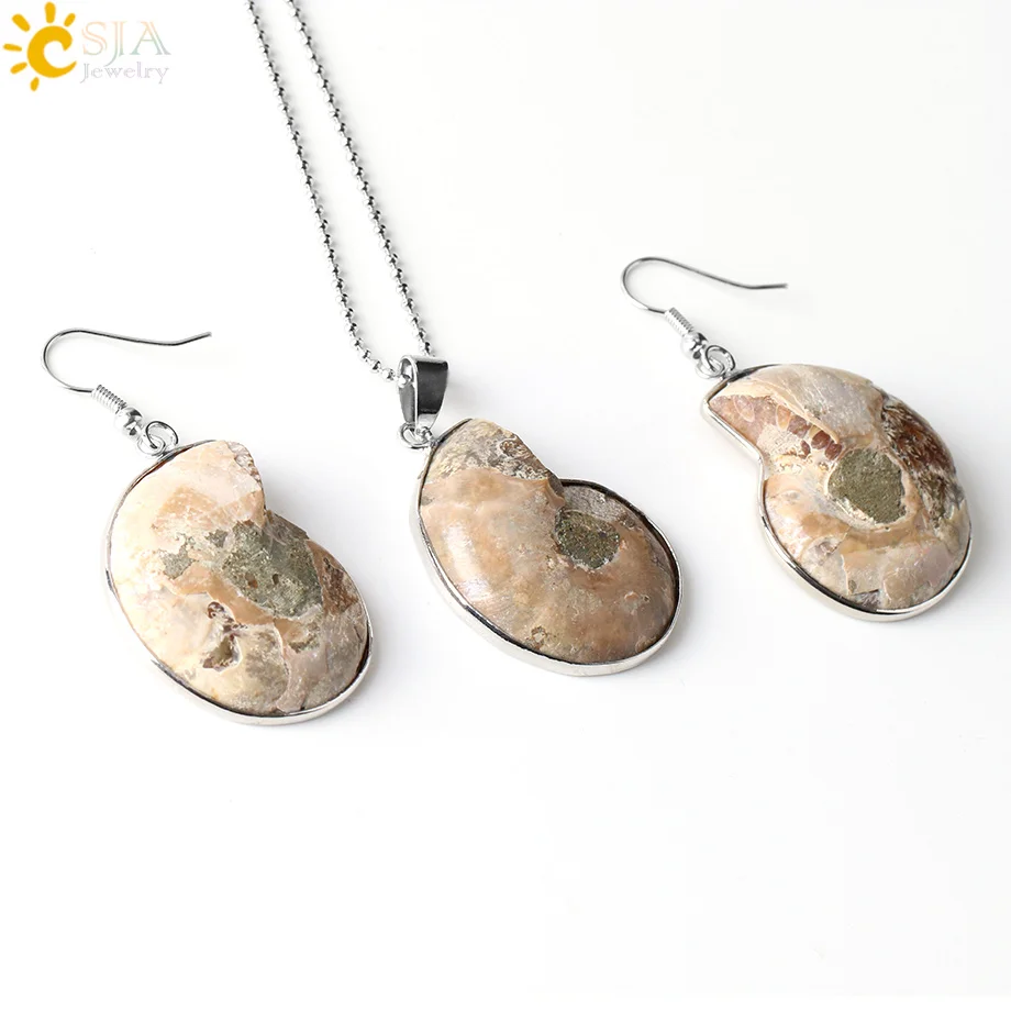 CSJA Natural Unique Ammonite Jewelry Set Necklaces Pendants Conch Shell Snail Spiral Dangle Earrings Pendants Sets E392