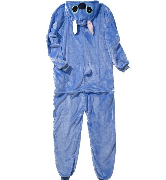 HKSNG unisex 동물 성인 블루 핑크 스티치 onesie kigurumi 잠옷 고품질 플란넬 만화 가족 파티 의상 복장