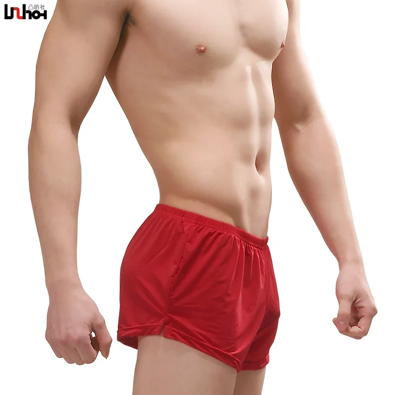 Sexy Men Underwear Ice Silk Boxer Shorts homme Solid Mid-rised U Convex Pouch Underpants Cueca Men's Arrow Pants Plus Size M-XXL