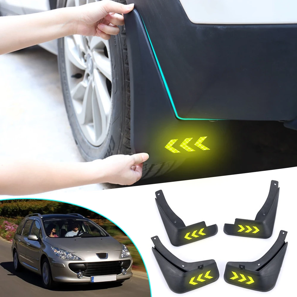 Car Mud Flaps Splash Guards For Peugeot 307 2000-2007 Car Fender Flares Splash Guards Mud Flaps Reflective Mudguards 4pcs