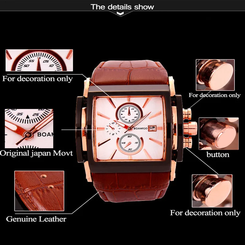 BOAMIGO Men Quartz Watch Fashion Casual Sport Watch Rose Gold Waterproof Cock Leather Male Casual Wristwatches relogio masculino