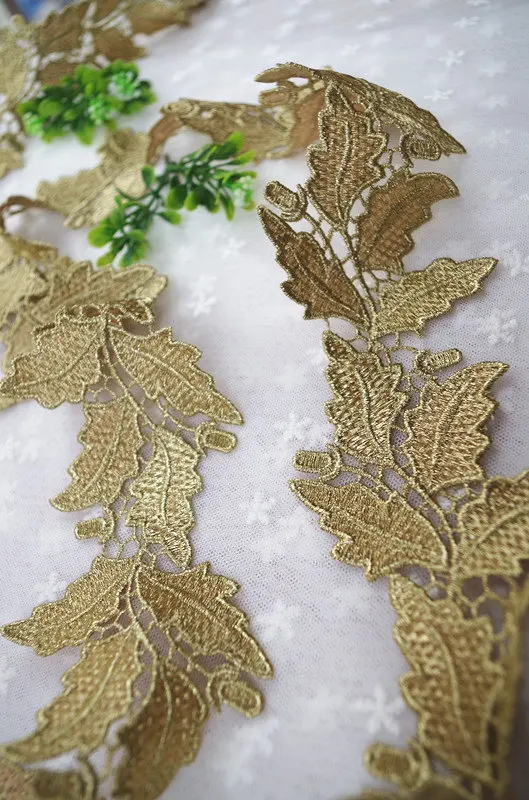 10 Yards Gold Crochet Lace Trim With Floral Leaves, Golden Venise Lace Trim by the yard, GT033