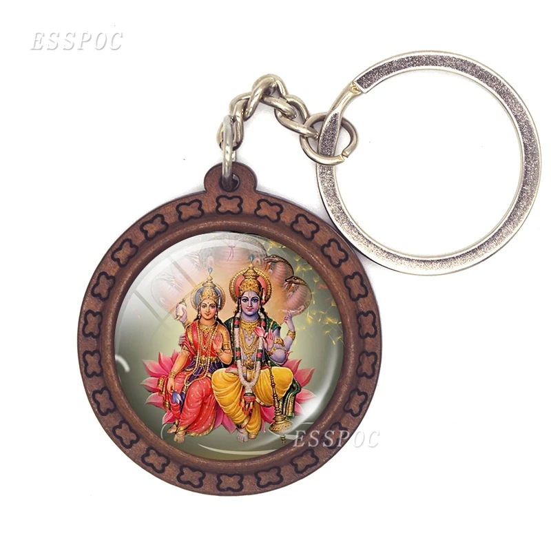 Shiva and Ganesh Glass Cabochon Wooden Keychain Wood Pendant Car Key Holder Hinduism Jewelry Fashion Accessories for Men Women