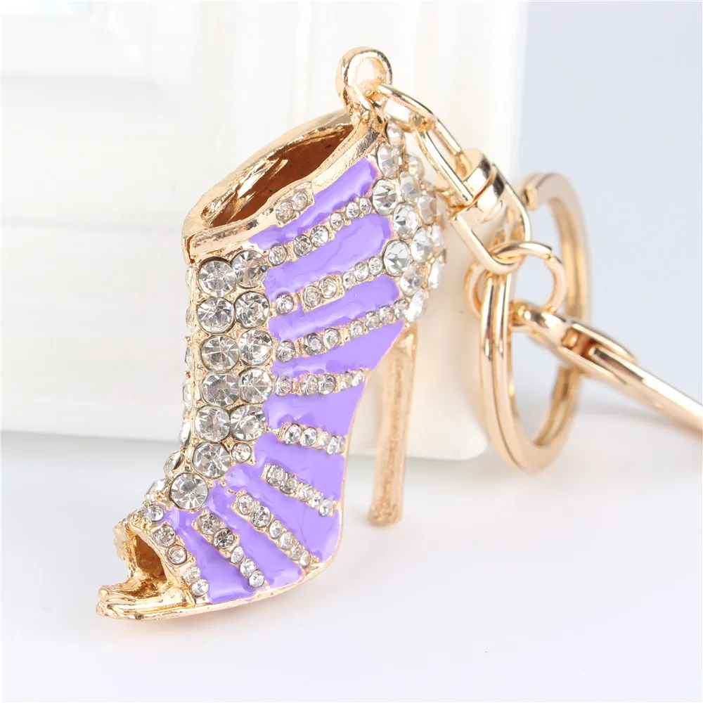 Purple High Heels Shoe Pendant Charm Rhinestone Crystal Purse Bag Keyring Key Chain Accessories Wedding Party Lover Gift