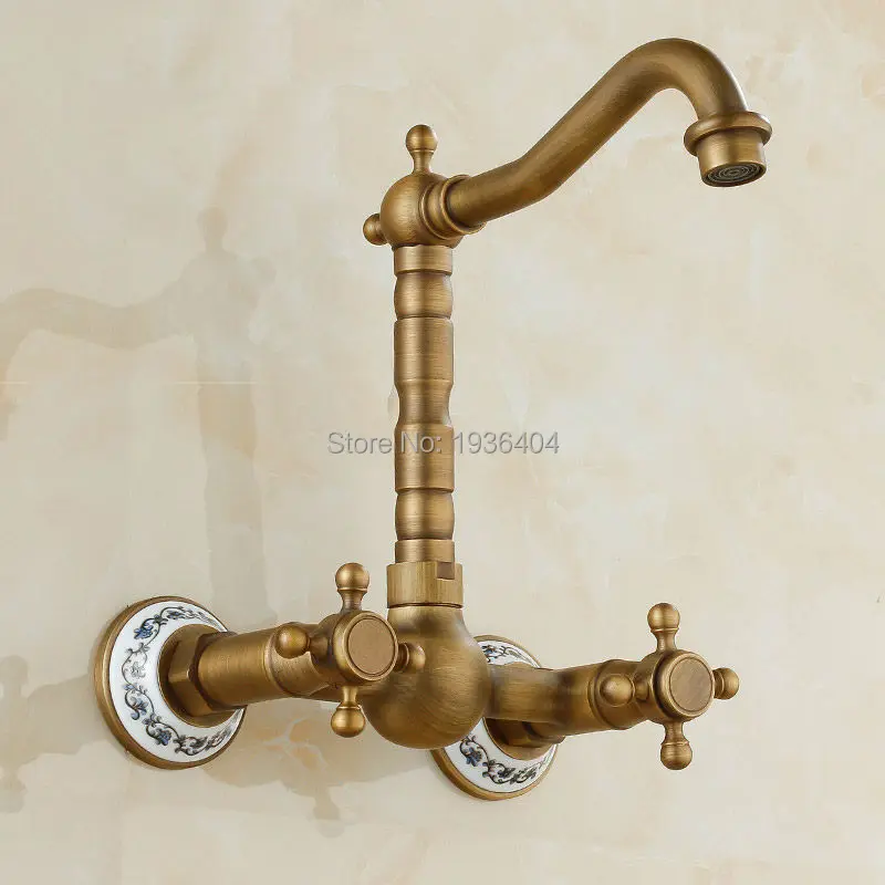 

Antique Copper Double Handle Wall Mounted 360 Degree Swivel Faucets Kitchen Mixer Faucets with Ceramic Crane AF1090