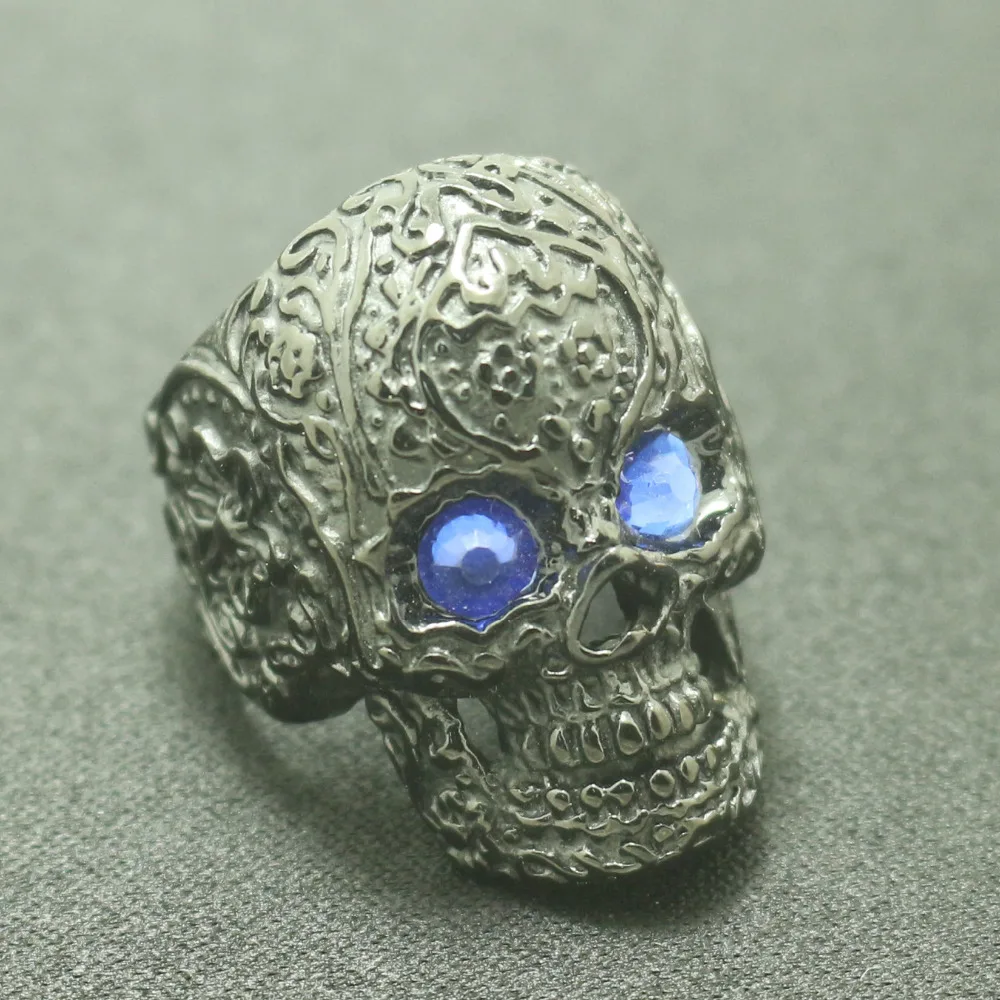 Size 6 To Size 16 Boy 316L Stainless Steel Cool Flower Blue Stone Eye Skull Biker Classic Ring