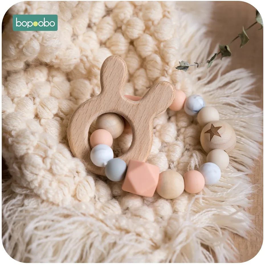 Bopoobo 1 pc sonajero de bebé de conejo madera dentición mordedor de silicona pulseras Montessori juguetes para los niños, regalo de juguetes,