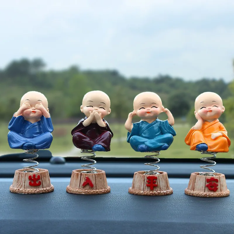 Car Ornaments 4Pcs/set Resin Bobble Heads Doll Figure Decoration Tomy Monks Maitreya Buddha Figure Gift Desk Auto Pendant Charms