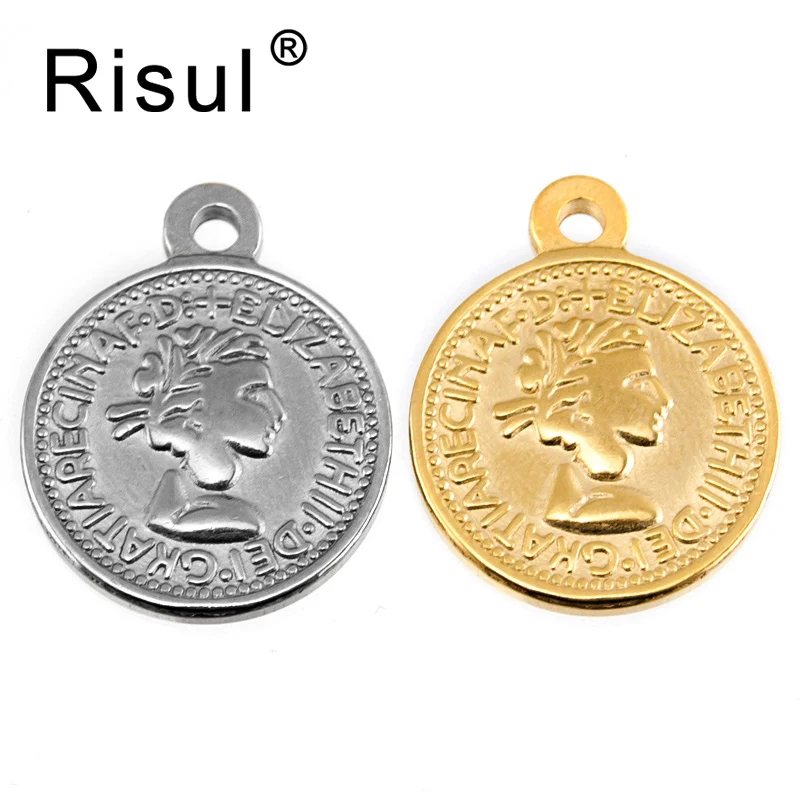 

Risul 50pcs female Coin pendant Pound Elizabeth II,Euro 10 cent Coins real Stainless steel women necklace thick charms pendants