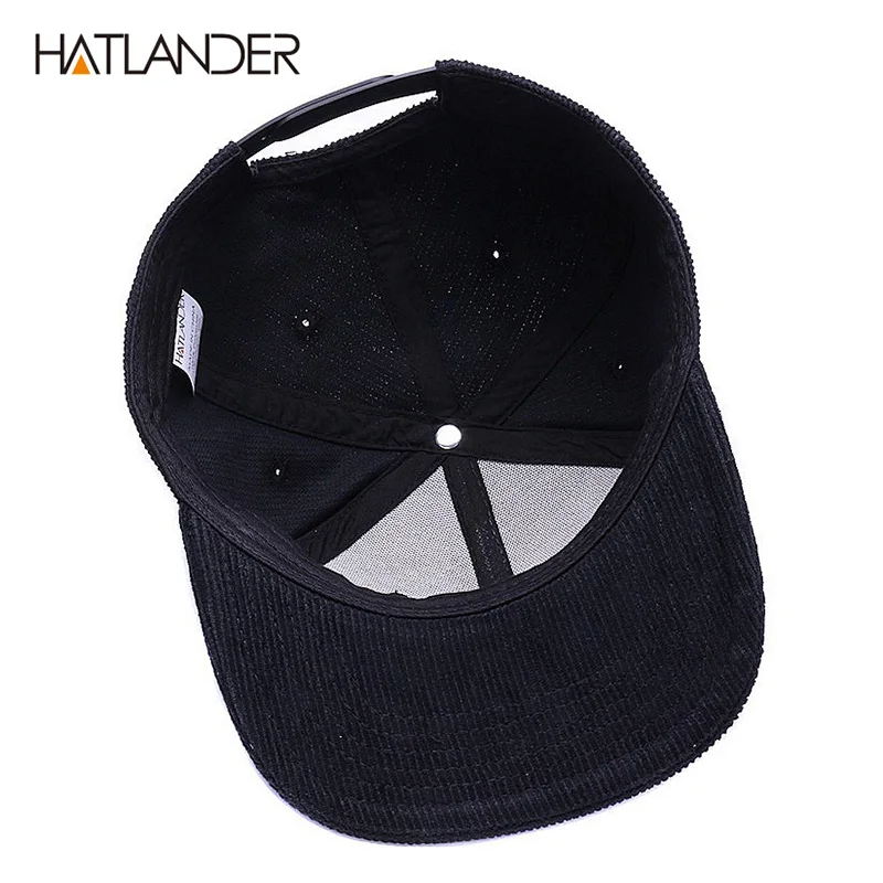 Hatlander-メンズコーデュロイベースボールキャップ,ブラック,オリジナル,刺繍文字付きスナップバック,スポーツ,ヒップホップ,フラットバイザー