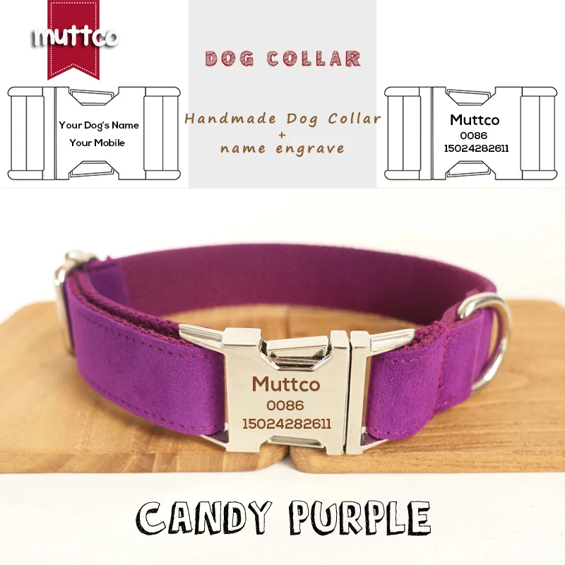 MUTTCO custom retailing self-design dog collar THE CANDY PURPLE handmade engraved pet name 5sizes dog collar and leash UDC029