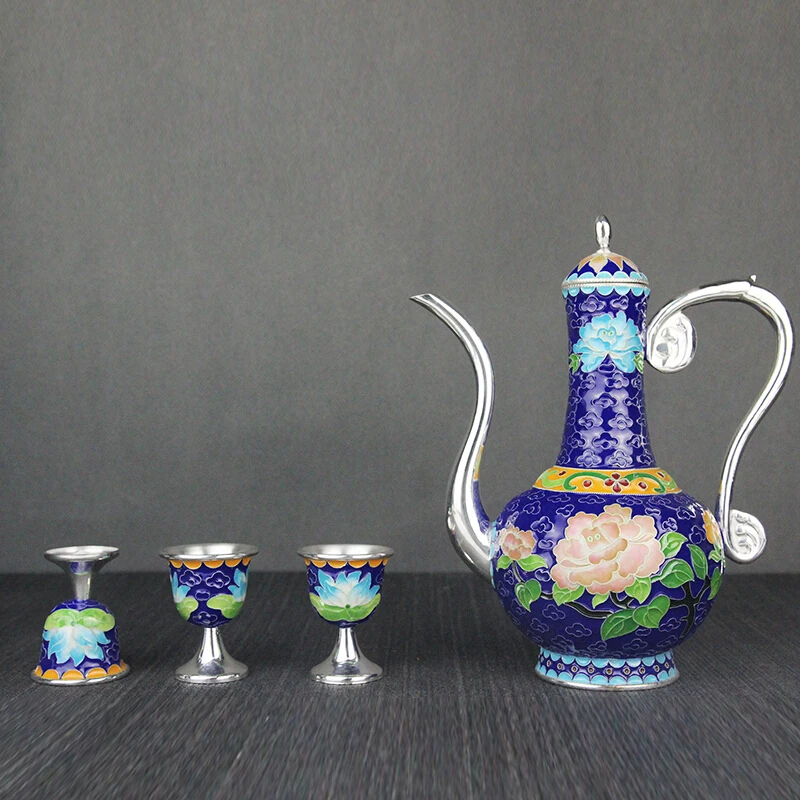 High-grade cloisonne sterling silver wine set 999 handmade enamel silver jug silver wine glass