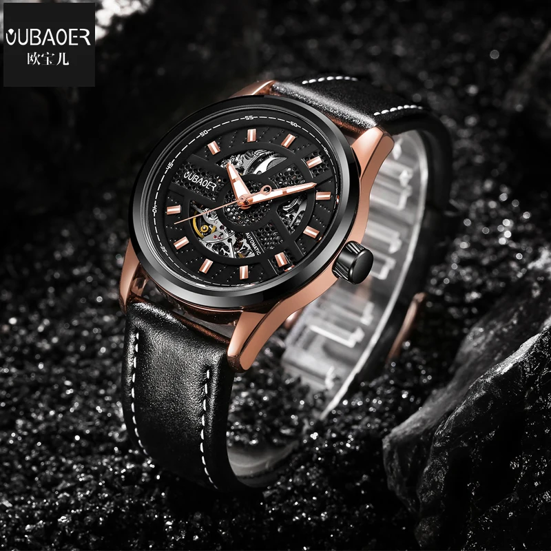 

Fashion Men's Mechanical Watches Brand OUBAOER Leather Casual Business Watch Automatic Relogio Masculino erkek kol saati