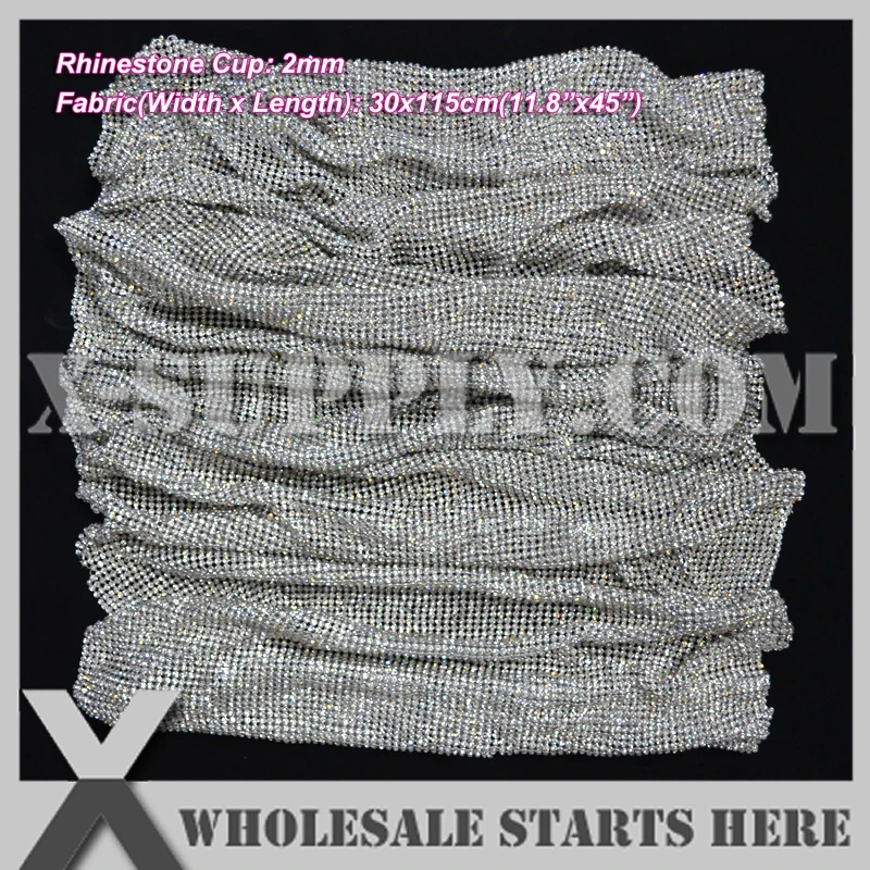 P2 2mm(30x115cm) Metal Rhinestone Fabric Mesh Without Iron On Glue in SILVER Base,Use For Table,Furniture,Bridal Evening Dress