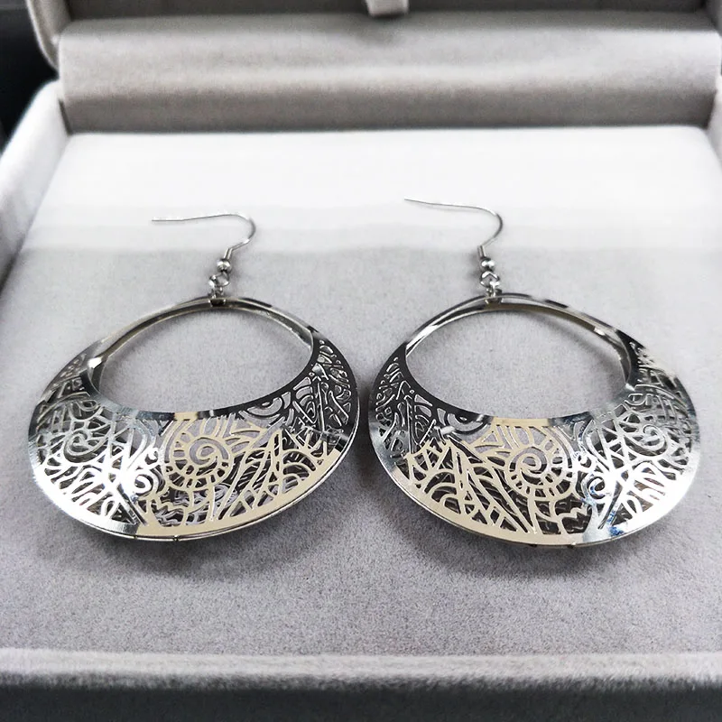 Fashion Big Stainless Steel Drop Earrings for Women Jewelry Silver Color Flower Statement Earrings aretes largos E1653S01