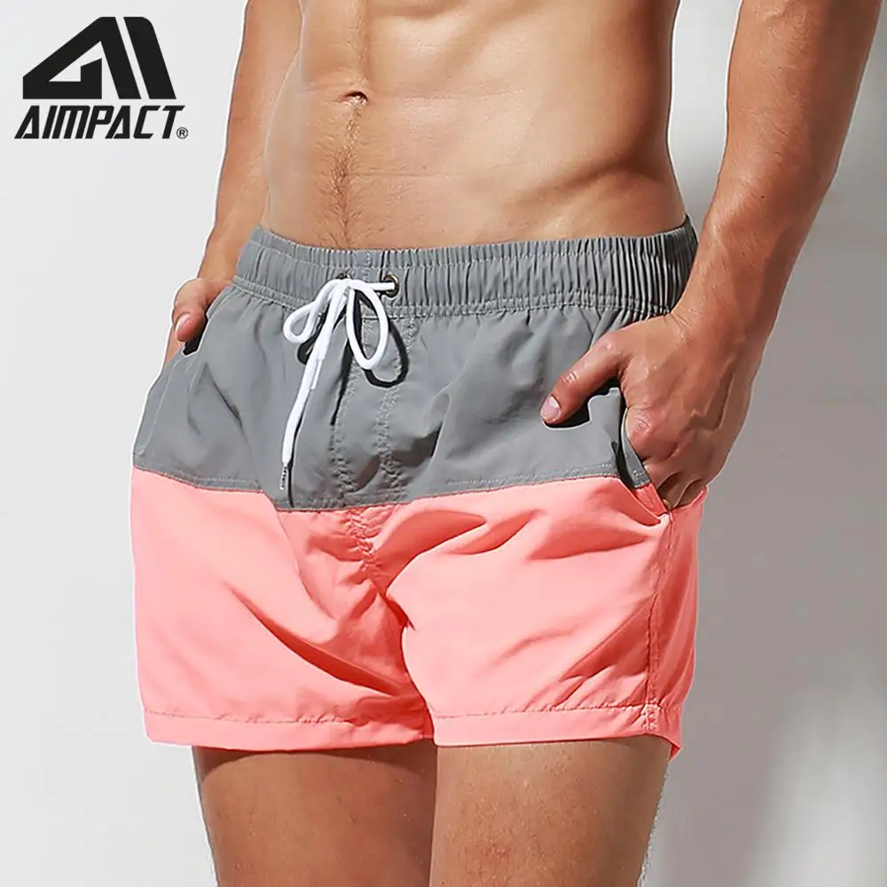 Aimpact Fast Dry Mens Board Shorts with Lining Sexy Patchwork Drawstring Surf Swim Trunks Beachwear Sport Running Hybrid Shorts