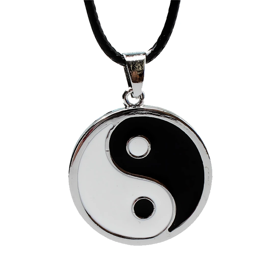 Yin Ying Yang Pendant Black White Necklace Charm with Black Leather Cord 20\