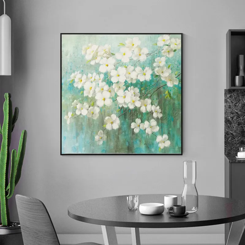 

Abstract White flower Green Tree Painting Acrylic Wall Art Pictures Canvas Hand painted Decoracion for living room Home Decor