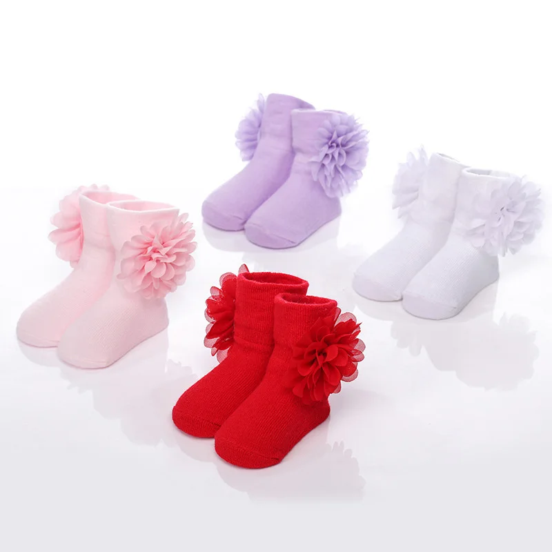 Fashion flowers baby cotton socks chiffon flower girls socks