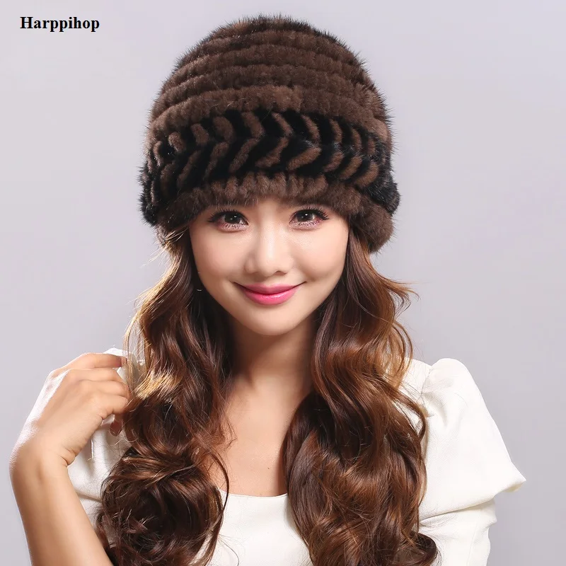 Winter real fur hat for women natural mink fur hat with lining knitted fur beanies with flower new arrival good quality fur hat