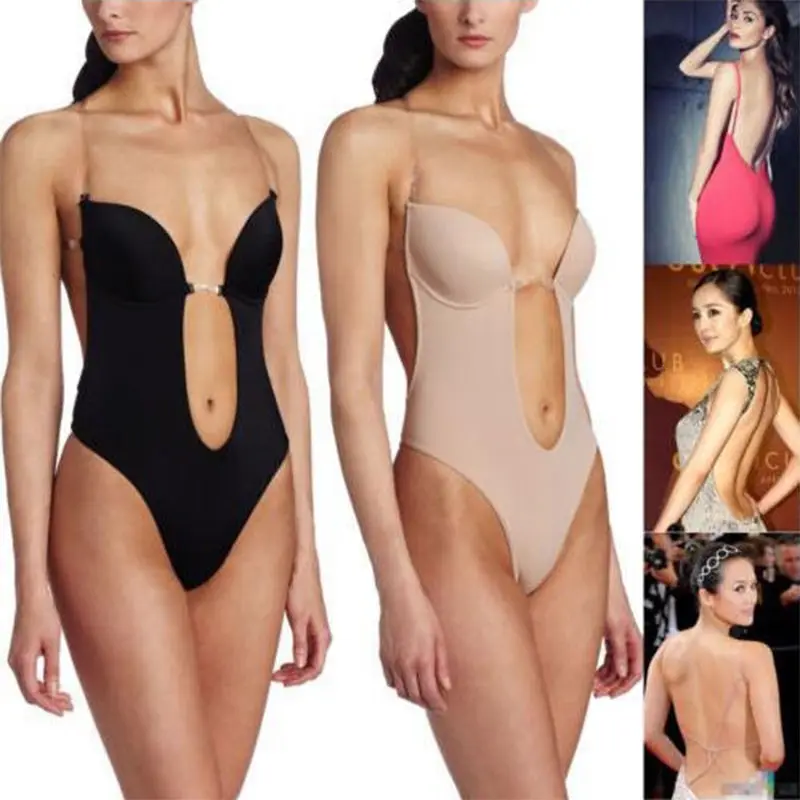 

Women's Full Body Shaper Thong Convertible Seamless U Plunge Conjoined bra Bodysuit