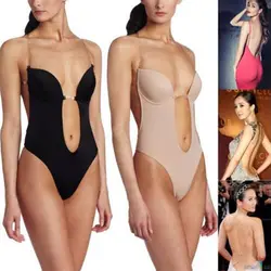 Women's Full Body Shaper Thong Convertible Seamless U Plunge Conjoined bra Bodysuit