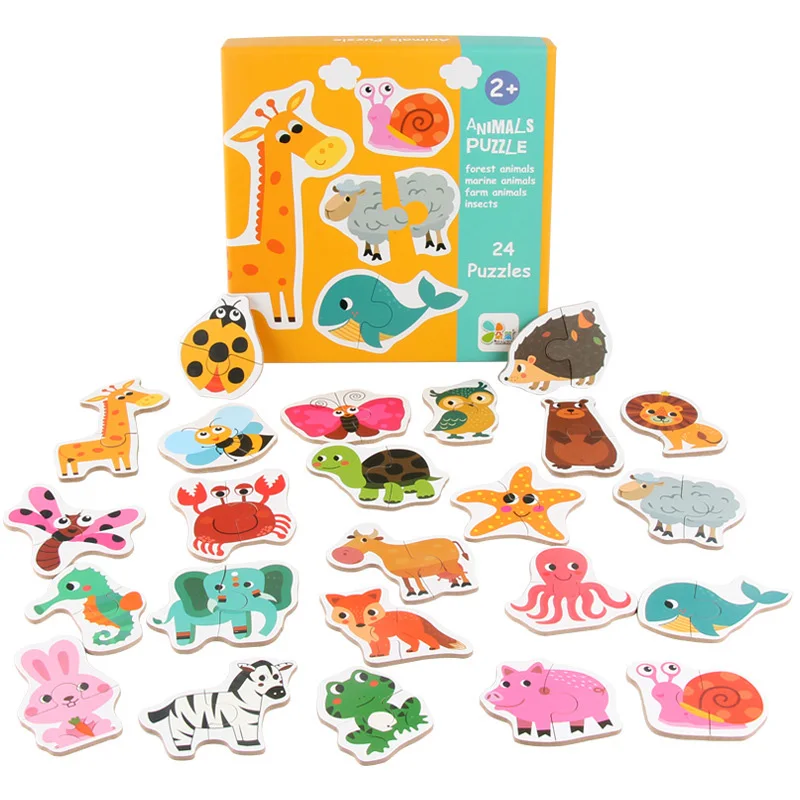 24Pcs Houten Puzzel Voor Kinderen Cartoon Dieren/Fruit Groenten/Voertuigen 3 Stijlen Montessori Educatief Speelgoed Voor Kinderen