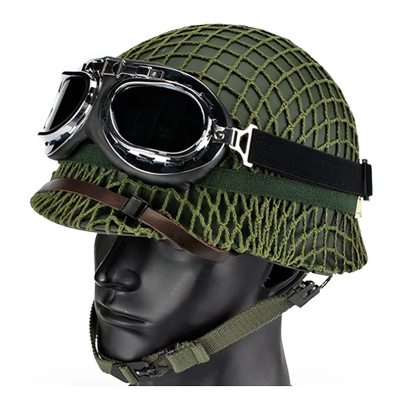 Classic Green Color M1 Full Steel Tactical Helmet Camouflage Net Cat Eye Band Folding Goggles Outdoor Field Battle Accessories