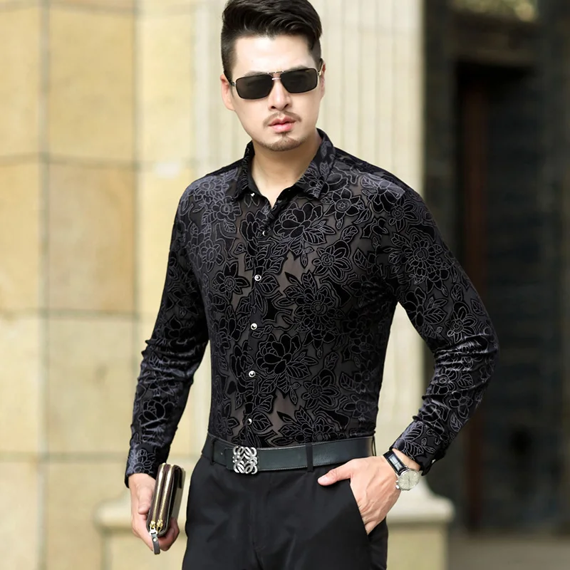 

Man Lace Dress Shirt Long Sleeve Silk Velvet Transparent Shirts Hollow Floral See Through Clothes Free Shipping