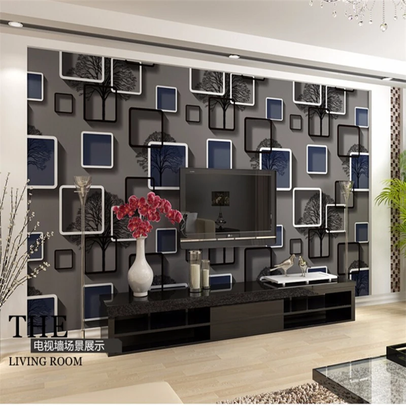 Beibehang Sederhana 3d Wallpaper Latar Belakang Wallpaper Ruang Duduk TV Ungu PVC Tahan Air Grid, Biru dan Hitam Wallpaper Roll