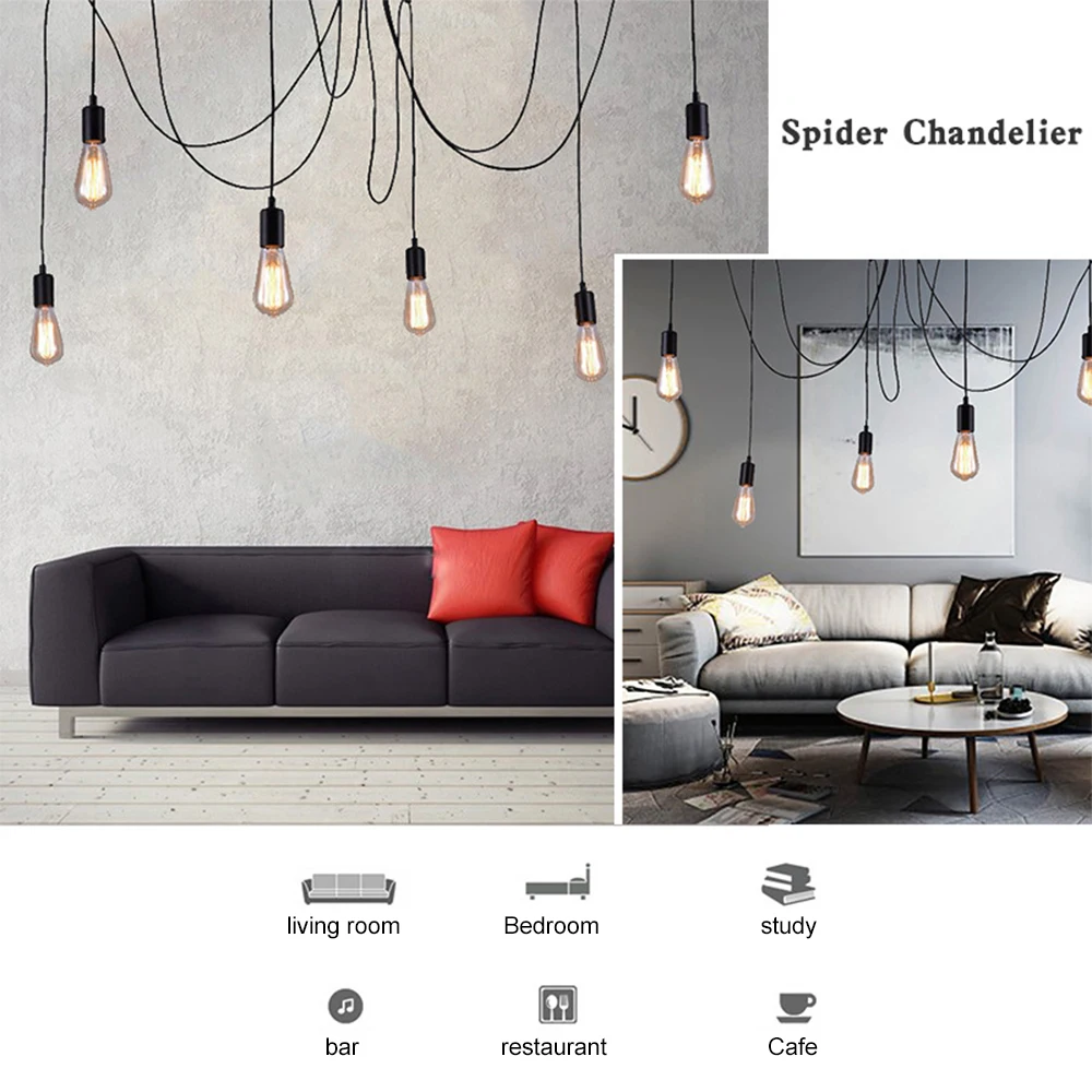 KARWEN Vintage Black Spider Pendant lights 2M Loft decor Adjustable E27 hanging lights Spider Ceiling Lamp Fixture Light