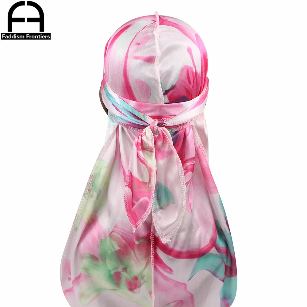 Unisex Men Floral Silk Durag Stretchy Bandanas for Men Turban Hat Headwear Long Straps Headband Waves Silky Durags