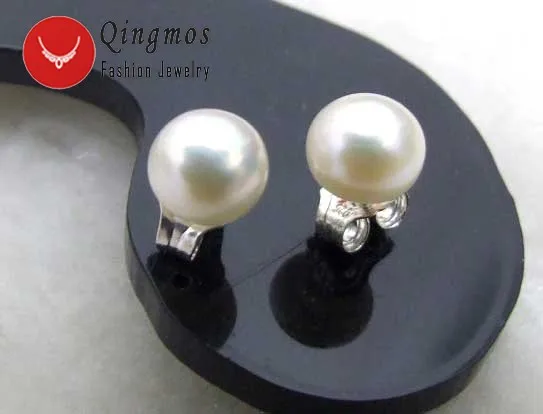 Qingmos White Freshwater Pearl Earrings for Women with 7-8mm Flat Round Natural Sterling Silver Stud Earring Fine Jewelry ear181