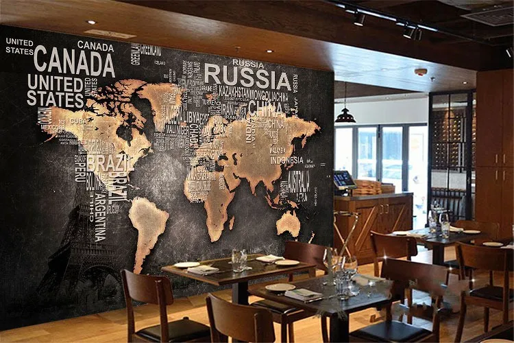 

3D Stereo Retro Nostalgic World Map Mural European English Letter Wallpaper Cafe Leisure Bar Background Wall