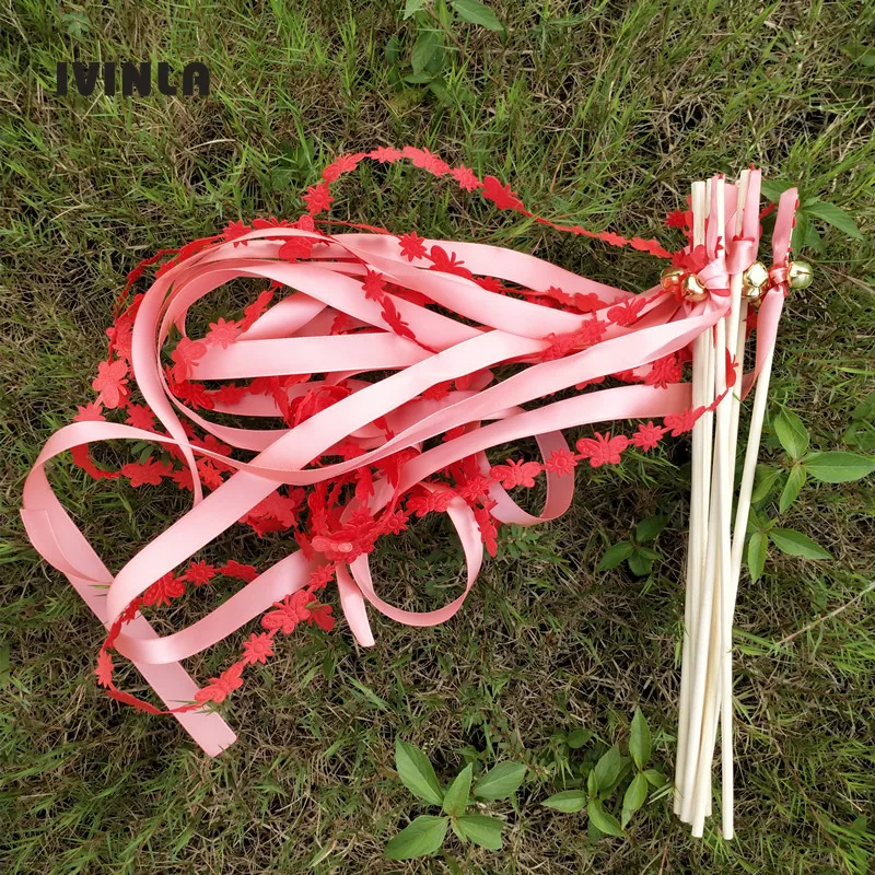 30pcs/ watermelon red  wedding ribbon  wands with gold bell  ribbon Twirling Streamers wedding ribbon stick