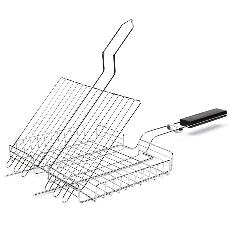 Stainless Steel Grilling Basket Folding Non-stick BBQ Tool Vegetable Basket With Wooden Handle Roast Chicken BBQ Grill 1pc