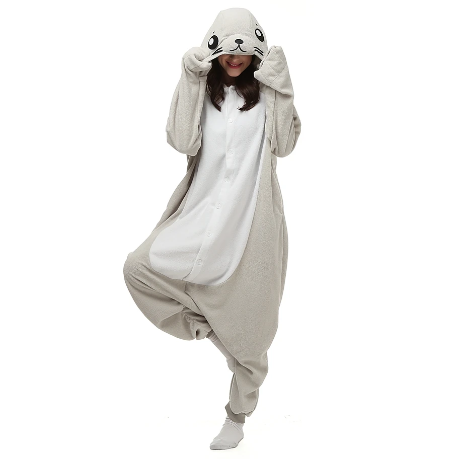 

Women and Men Adults Polar Fleece Kigurumi Seal Costume Cartoon Animal Sea Dog Onesies Pajama Halloween Carnival Party Jumpsuit