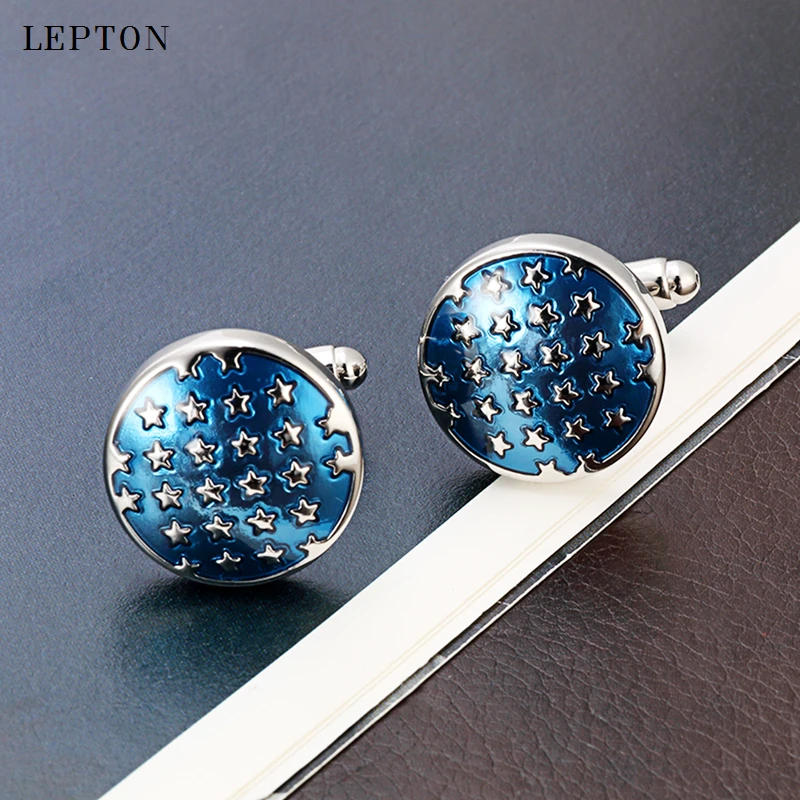 High Quality Blue Star Cufflinks Stainless Steel Round Enamel Star Cuff links for Mens Shirt Studs Gift Lawyer Relojes gemelos