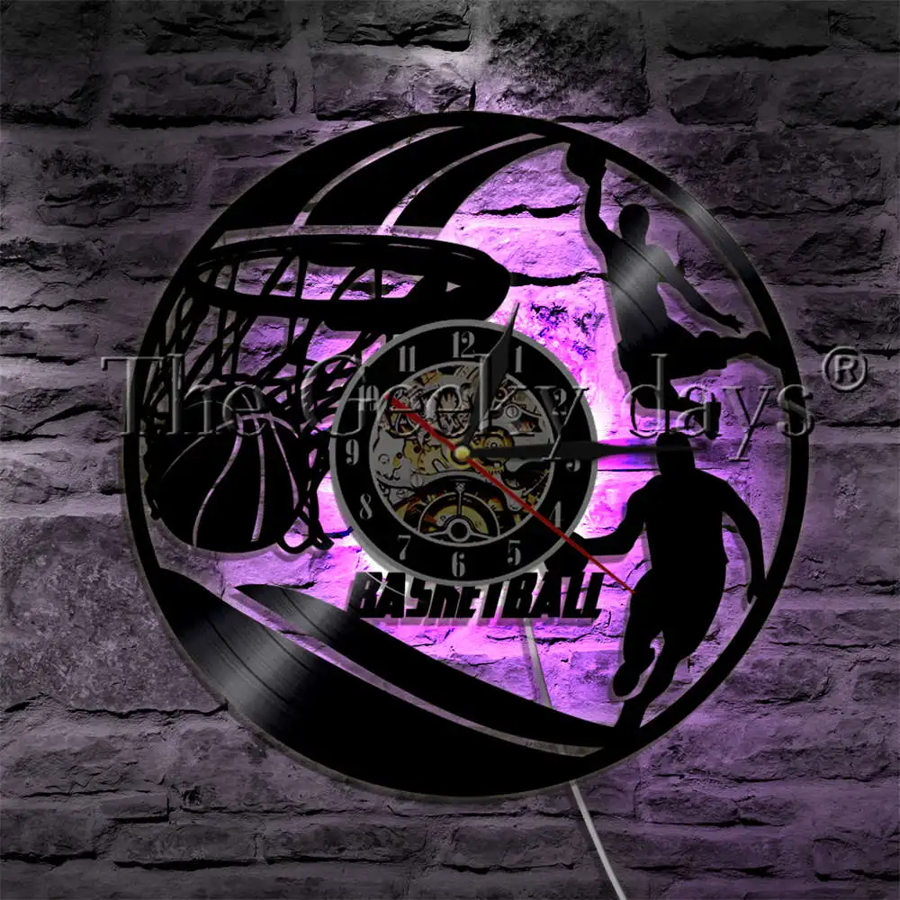 Play Basketball Slam Dunk LED Lamp Vinyl Record Wall Clock Modern Wall Lamp Multiplayer Interesting Sport Basketball Gift