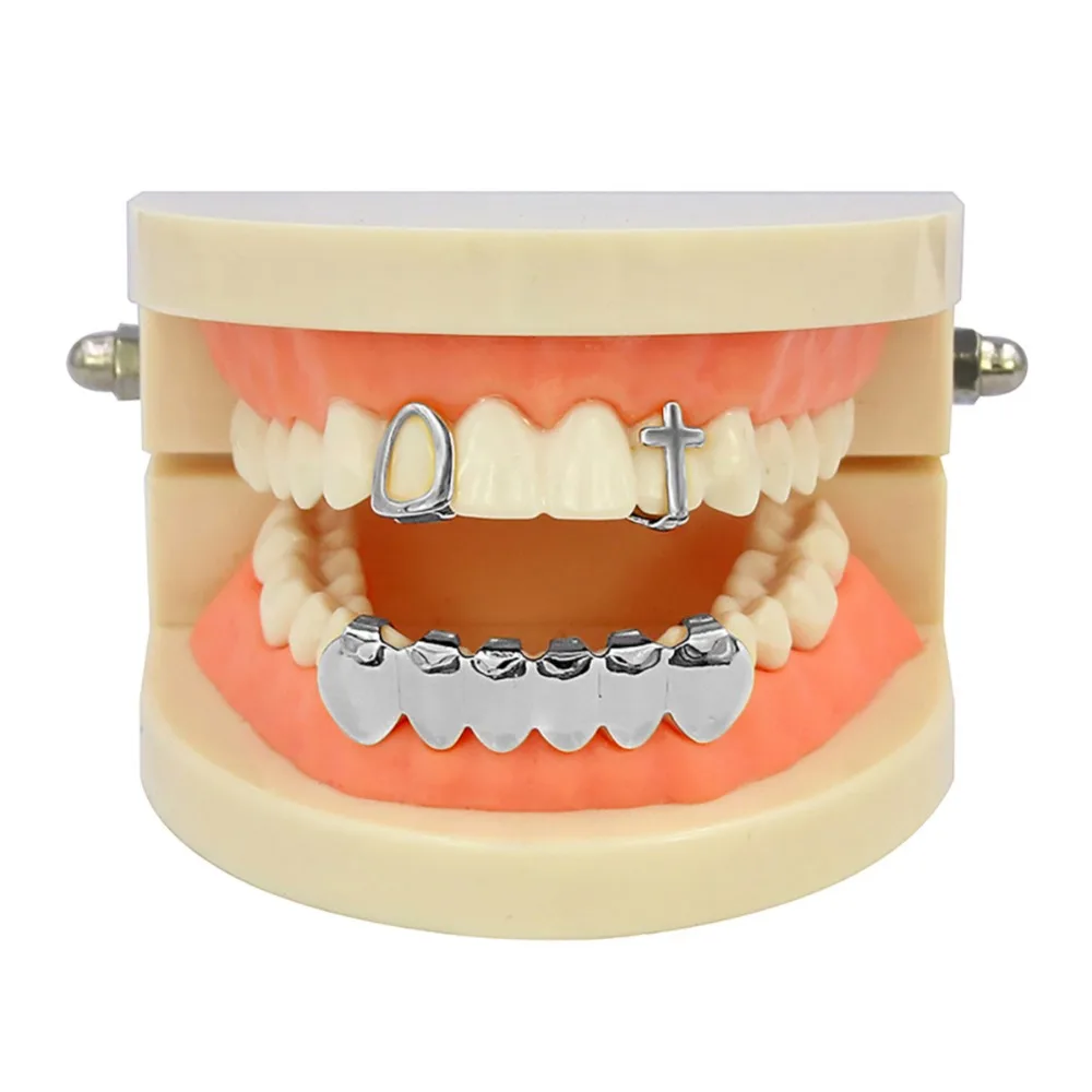 TOPGRILLZ Gold Silver Plated Hollow&Cross Single Top Hip Hop Grillz Classic Bottom Dental Grills Vampire Teeth for Costume Party