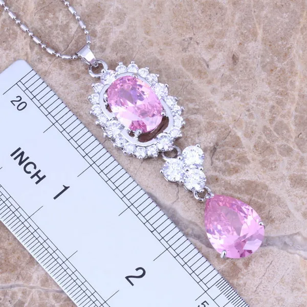 Trendy Pink White CZ Silver Plated Jewelry Sets Earrings Pendant Ring Size 6 / 7 / 8 / 9 / 10 Free S0048