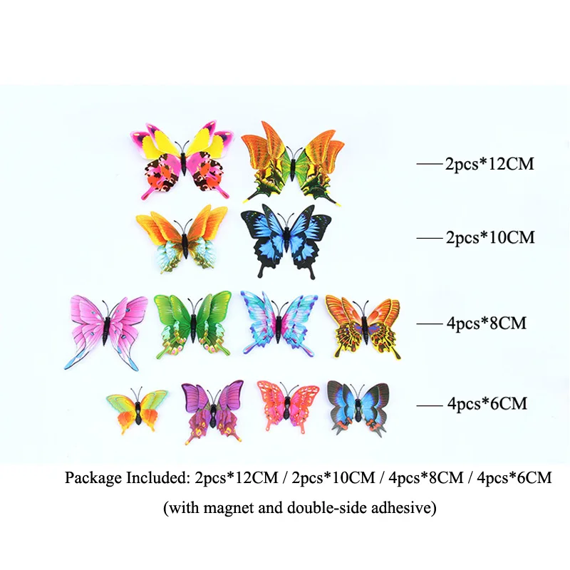 New 12Pcs/Set 3D Double Layer Pteris Butterfly Wall Stickers Home Decoration Colorful Butterflies On Wall Magnet Fridge Decals