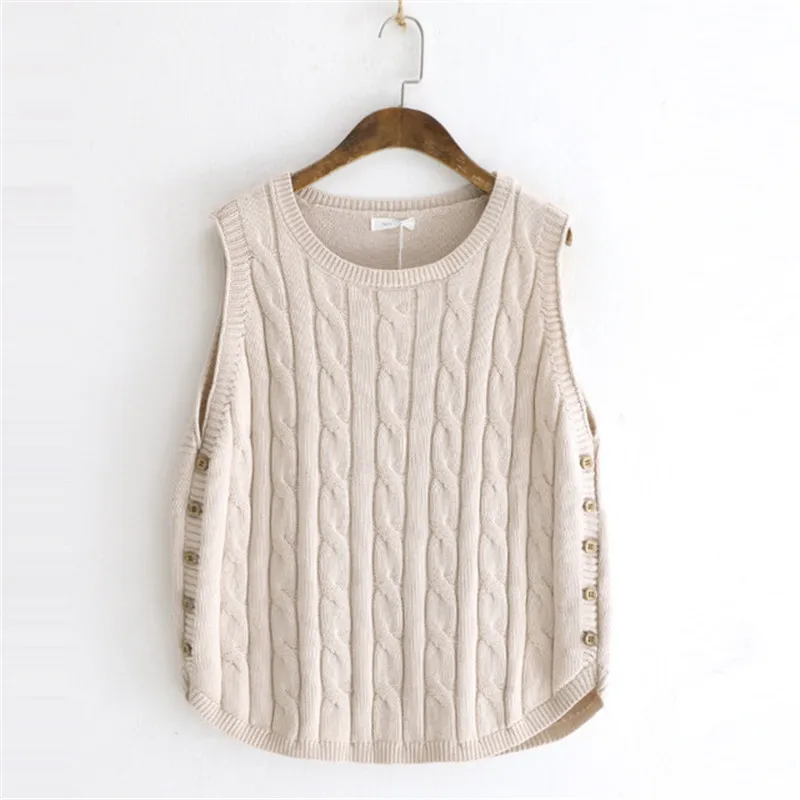 

Spring Cotton Knitted Women's Vest Side Button Sleeveless Sweater Waistcoat Female Brief O-Neck Solid Vests Loose Veste Femme