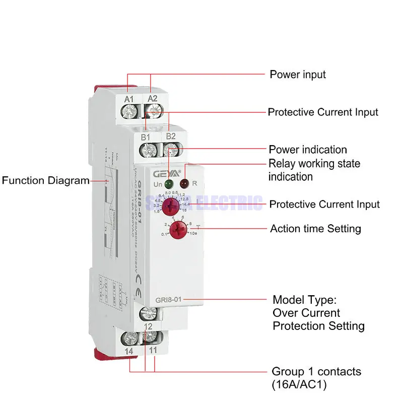 GRI8 Automatic Ajustable Over Current Protection Relay Monitoring 0.5A-16A AC24-240V DC24V Current Sensing Relay